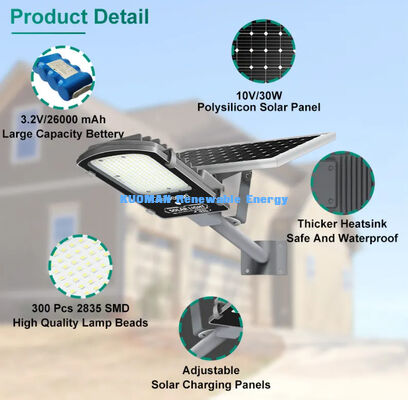 Lampione solare diviso IP65 impermeabile da 300W-500W con batteria LiFePO4 e pannello solare